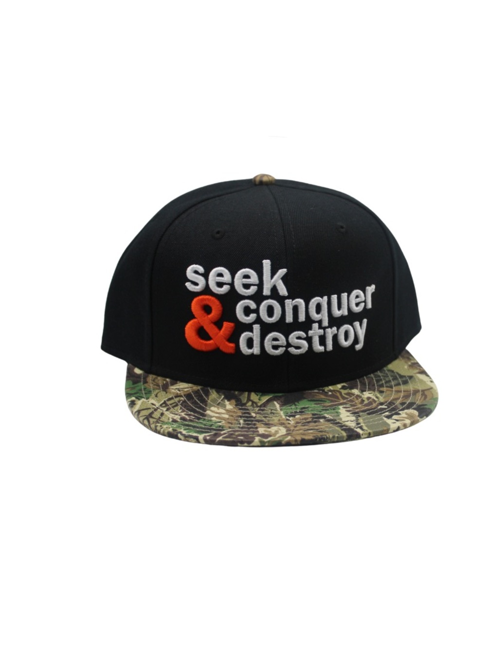 Black Snapback Hat with Camouflage seek conquer destroy' Embroidery